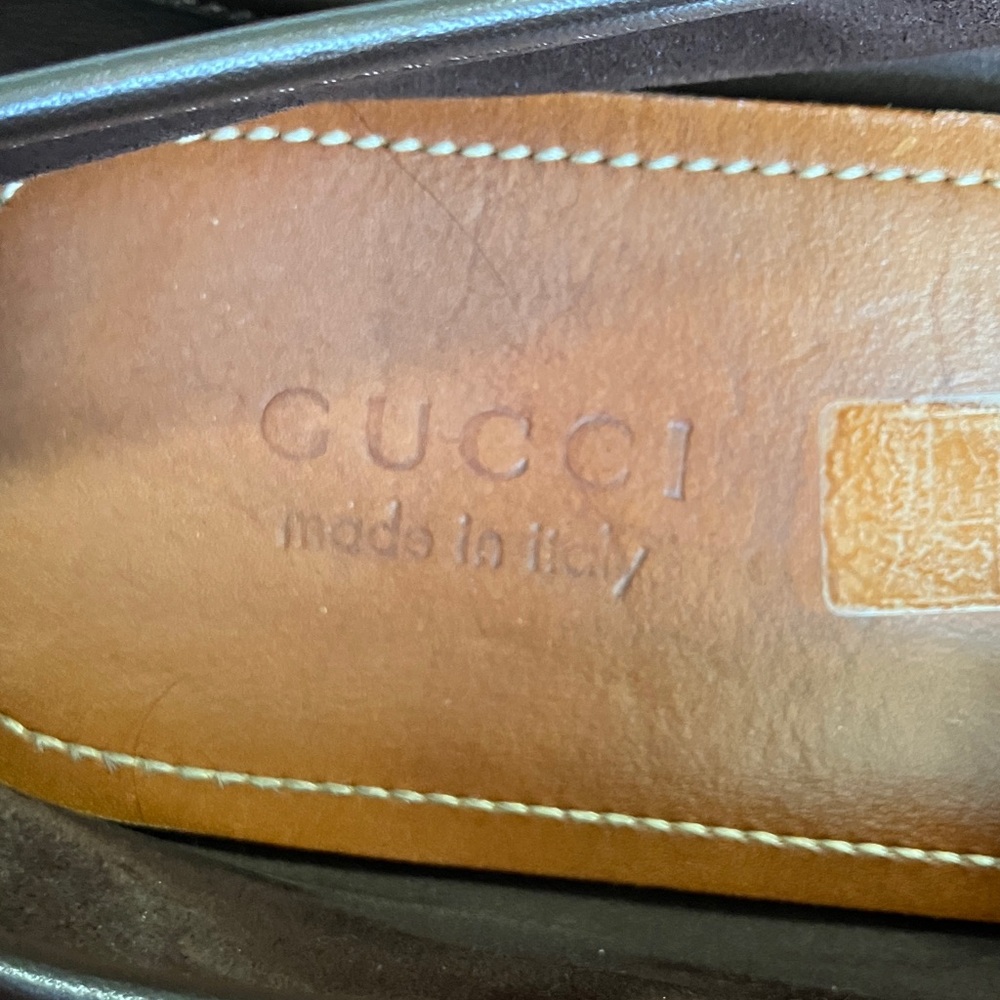 Gucci Brown Leather Penny Loafers with Signature Red & Green Web - Picture 7 of 11